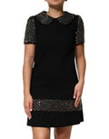 Women's Black Crystal Embellished Collared Mini Dress Virgin Wool