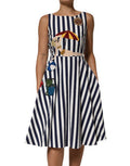 Women's Blue White Striped Embroidered A-Line Dress And Cotton