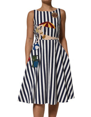 Women's Blue White Striped Embroidered A-Line Dress And Cotton