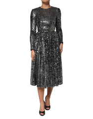 Women's Black Sequined Long Sleeves Midi A-Line Dress Polyester
