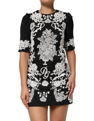 Women's Black Lace Trim Short Sleeves A-Line Dress
