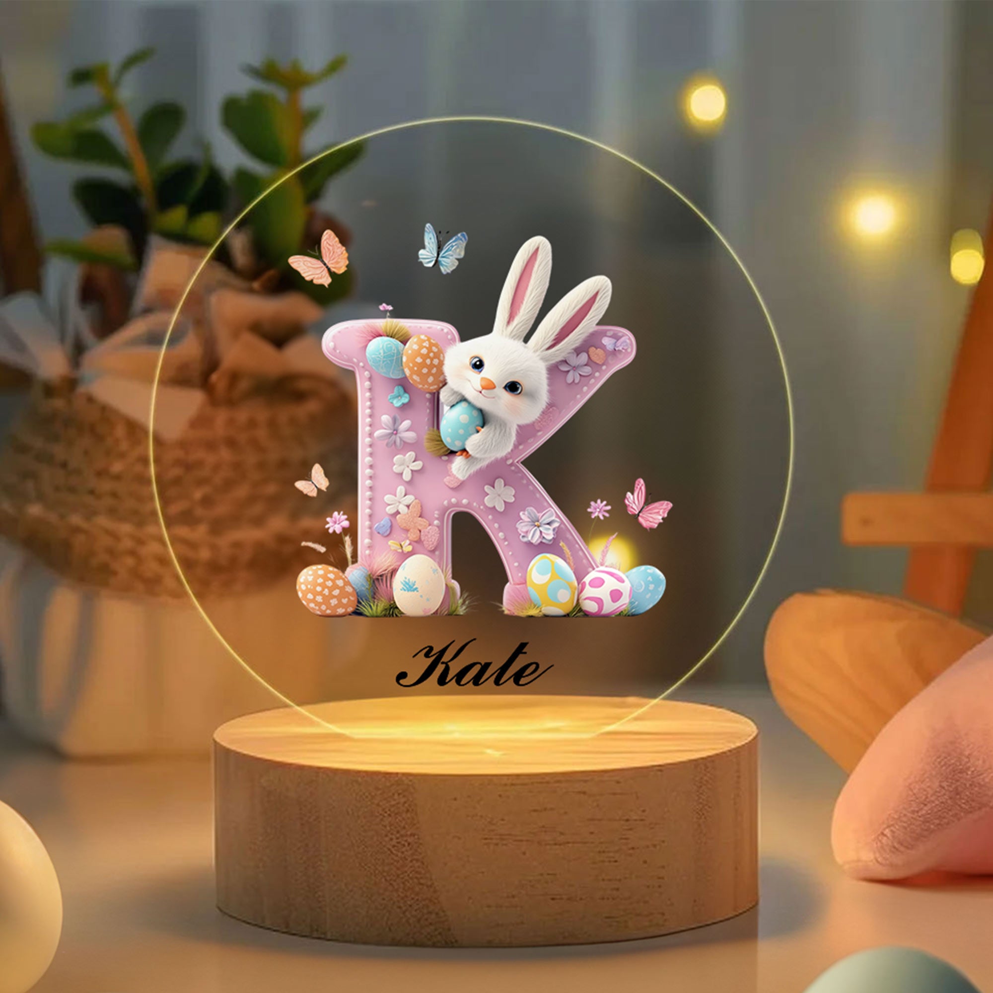 Huevo de Pascua Personalizado Conejo Rosa Luz LED Nocturna 3D con Nombre y Base de Madera Decoración de Habitación Cumpleaños Pascua Fiesta Favorito Regalo para Niños