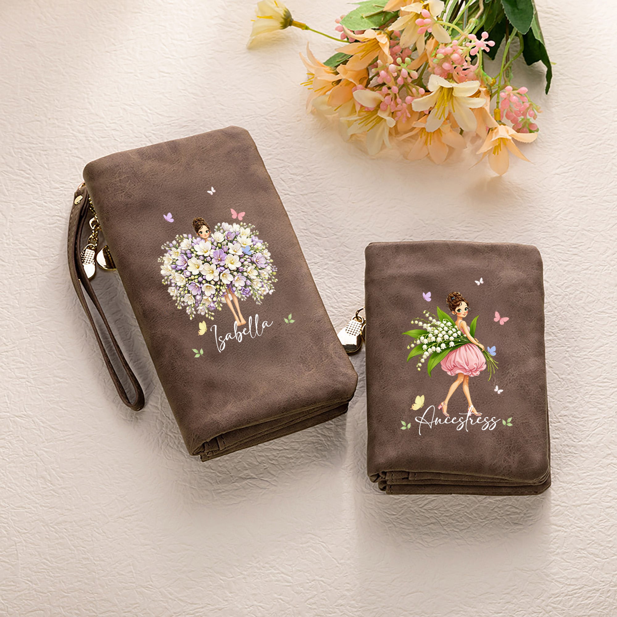 Personalizada de dibujos animados Chica Nacimiento Flor PU Cuero Vintage Mujer Billetera con correa de muñeca y el nombre de cumpleaños Día de la Madre de regalo para mamá hermana