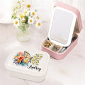 Personalizada de nacimiento de la flor de la mariposa de la PU de cuero caja de joyería con el nombre y el cambio de color LED Espejo de maquillaje Cumpleaños Regalo de boda para las mujeres