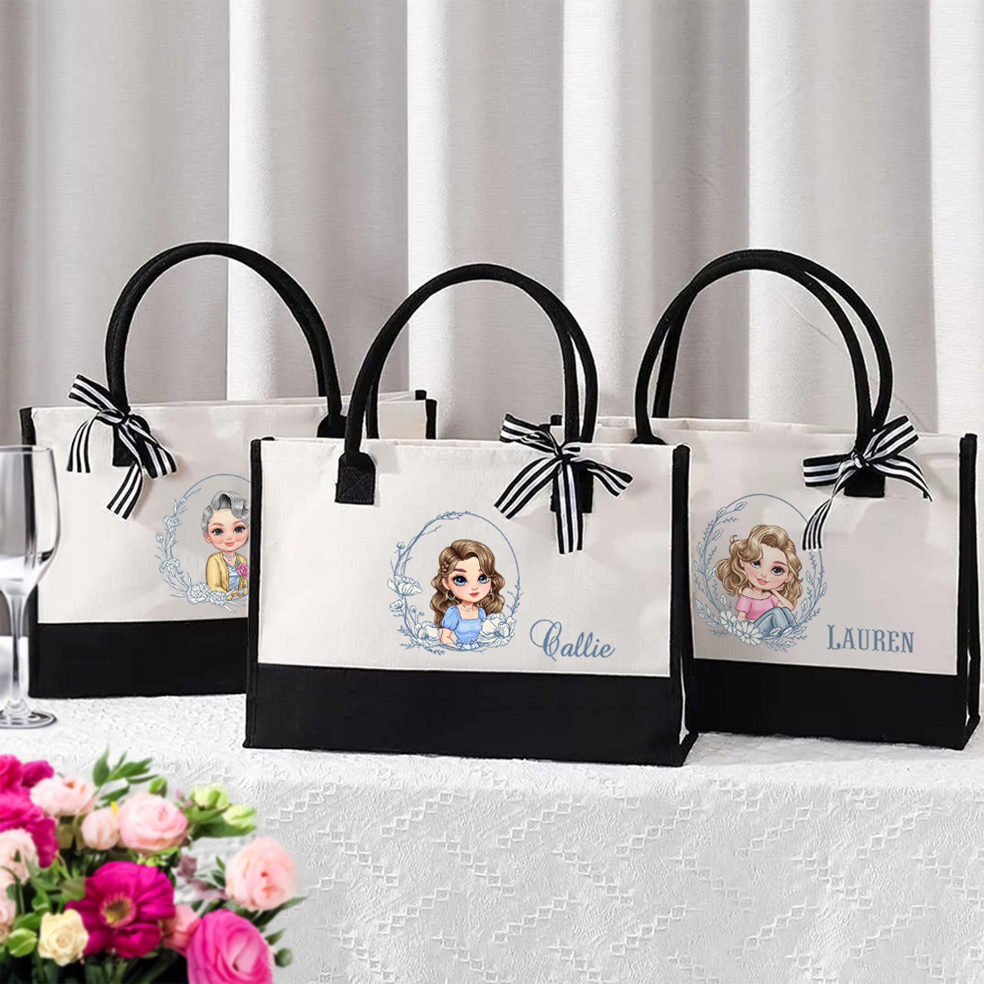 Personalizada Azul Nacimiento Flor Caricatura Personaje Blanco y Negro Bolsa de lona con nombre Viaje Esenciales Cumpleaños Boda Regalo para Mujeres Niñas