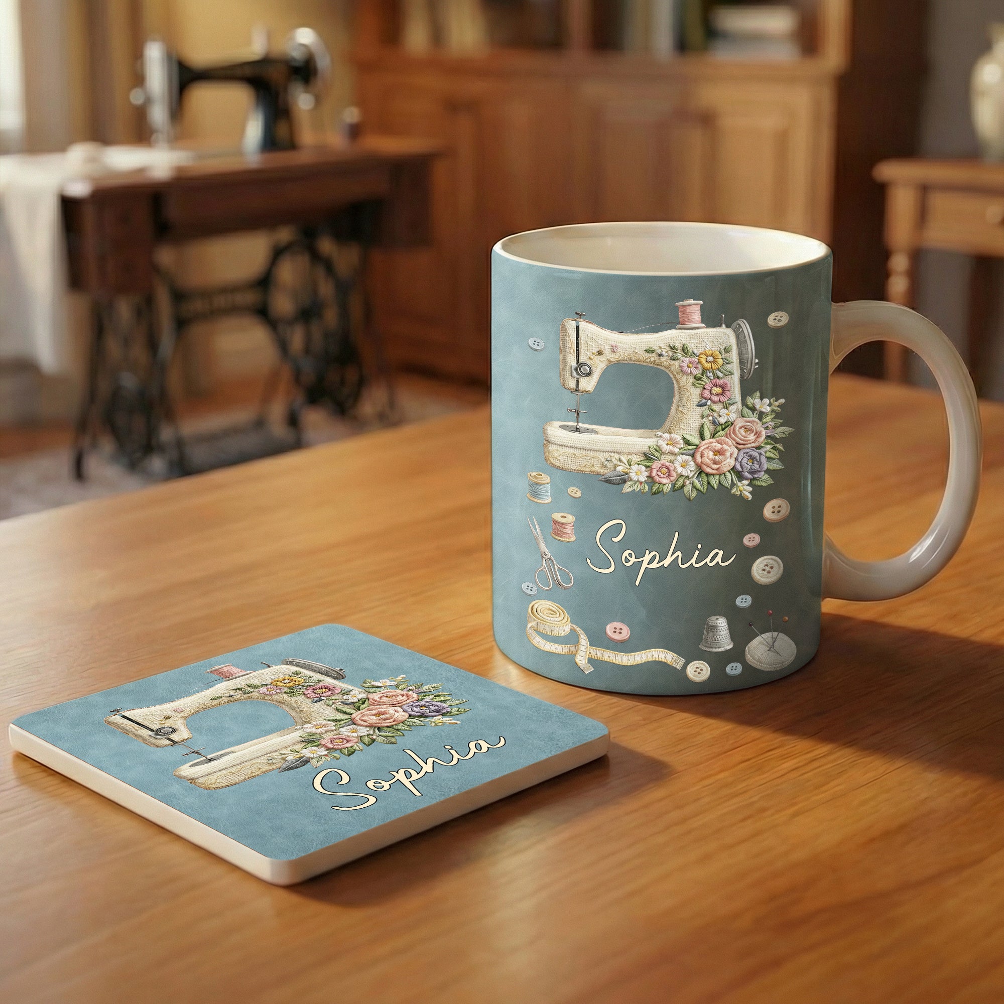 Personalizada Tijeras Botón Máquina de Coser Patrón 11 oz 15 oz Taza de Cerámica con Nombre Bebida Diaria Regalo de Cumpleaños para Madre Costurera