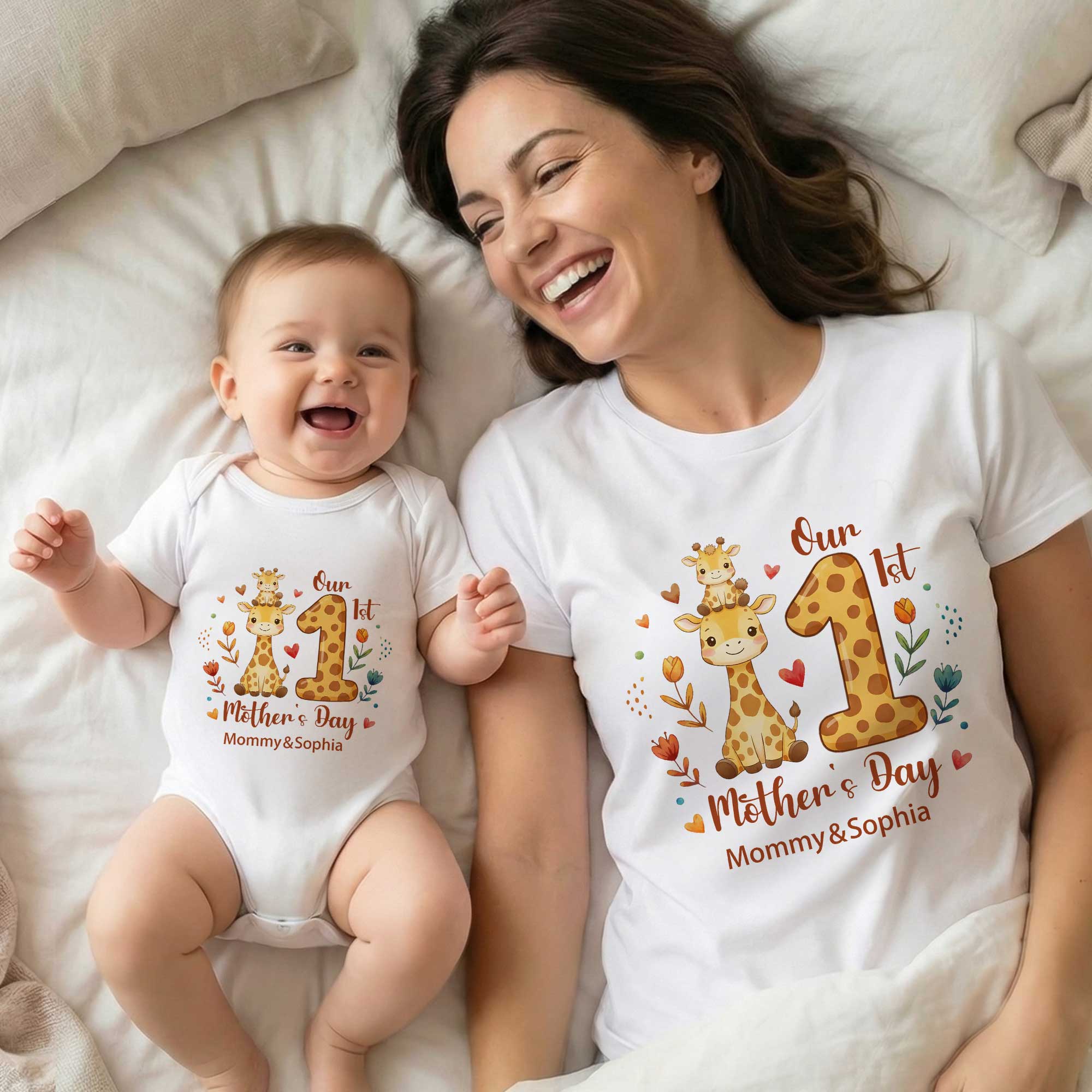 Personalizado Flor Corazón Lindo Animal Mamá Bebé 100% Algodón Camiseta Bebé Body a Juego con Nombres 1er Regalo Día de la Madre para Bebé Mamá