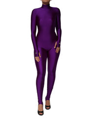 Women's Purple Nylon Turtleneck Bodycon Jumpsuit Dress Elastane