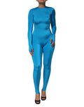 Women's Blue Nylon Crew Neck Bodycon Jumpsuit Dress Elastane