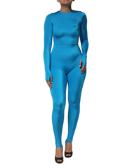 Women's Blue Nylon Crew Neck Bodycon Jumpsuit Dress Elastane