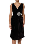 Women's Black Velvet Flower Embellishment Aline Dress Viscose (rayon)