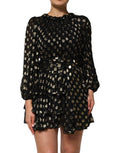 Women's Black Gold Polka Dot Silk Brocade Mini Dress With Fiber Metallization