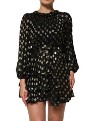 Women's Black Gold Polka Dot Silk Brocade Mini Dress With Fiber Metallization