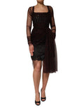 Women's Black Lace Trim Long Sleeve Sheath Mini Dress Silk