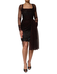 Women's Black Lace Trim Long Sleeve Sheath Mini Dress Silk