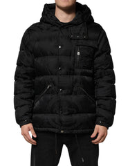 Men's Black Jacquard Quilted Puffer Hooded Jacket Nylon Clothing