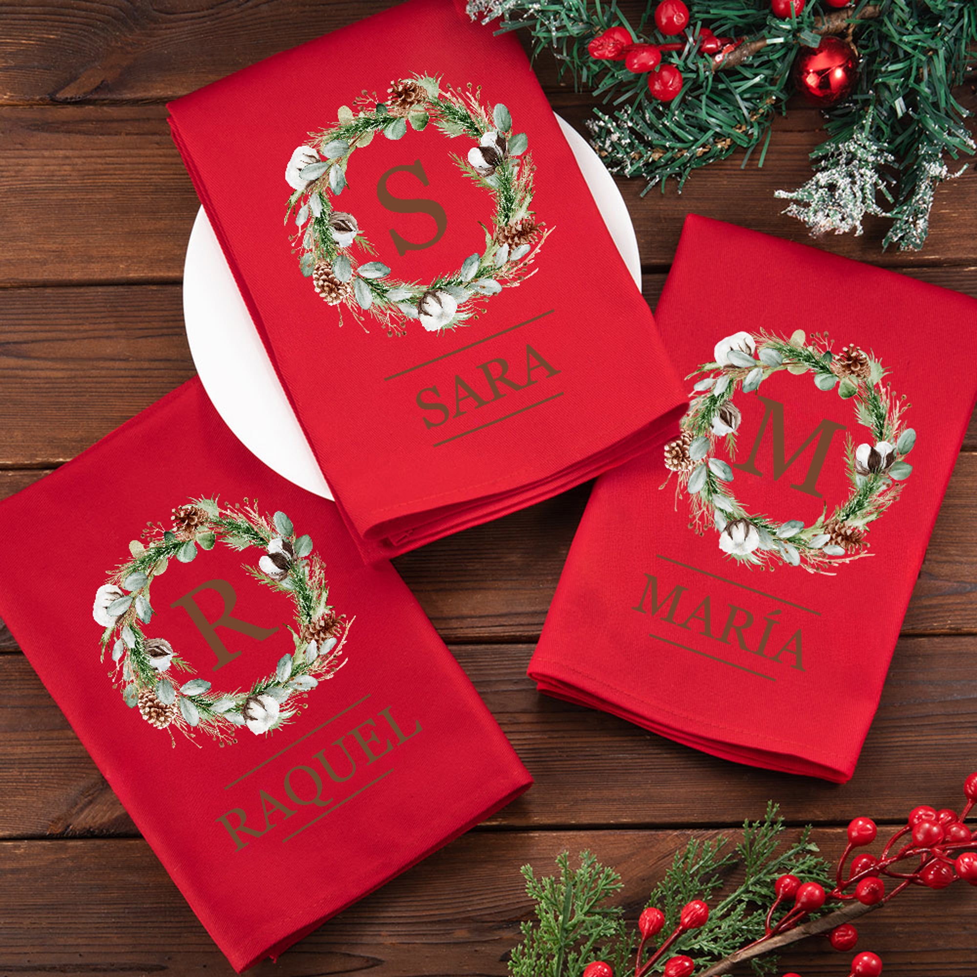 Servilleta de mesa personalizada de algodón rojo con inicial y nombre para decoración navideña regalo de Navidad para familia y amigos