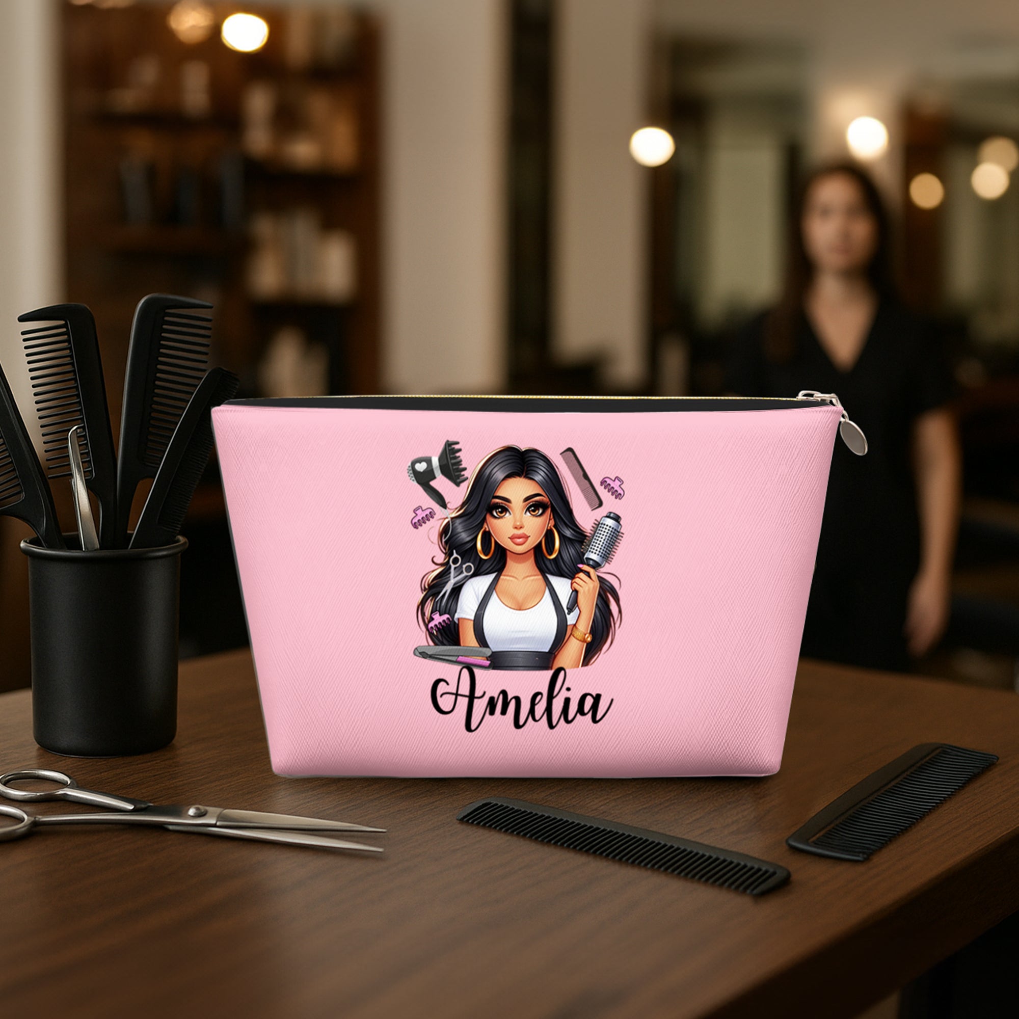 Bolsa de maquillaje personalizada con nombre y cremallera de dibujos animados multicolor para peluquería femenina Regalo de cumpleaños esencial para mujer