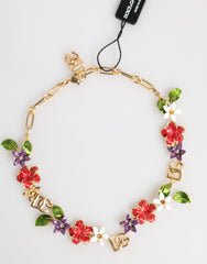 Women's Gold Brass Logo Detail Floral Fashion Jewelry Necklace Real Glass