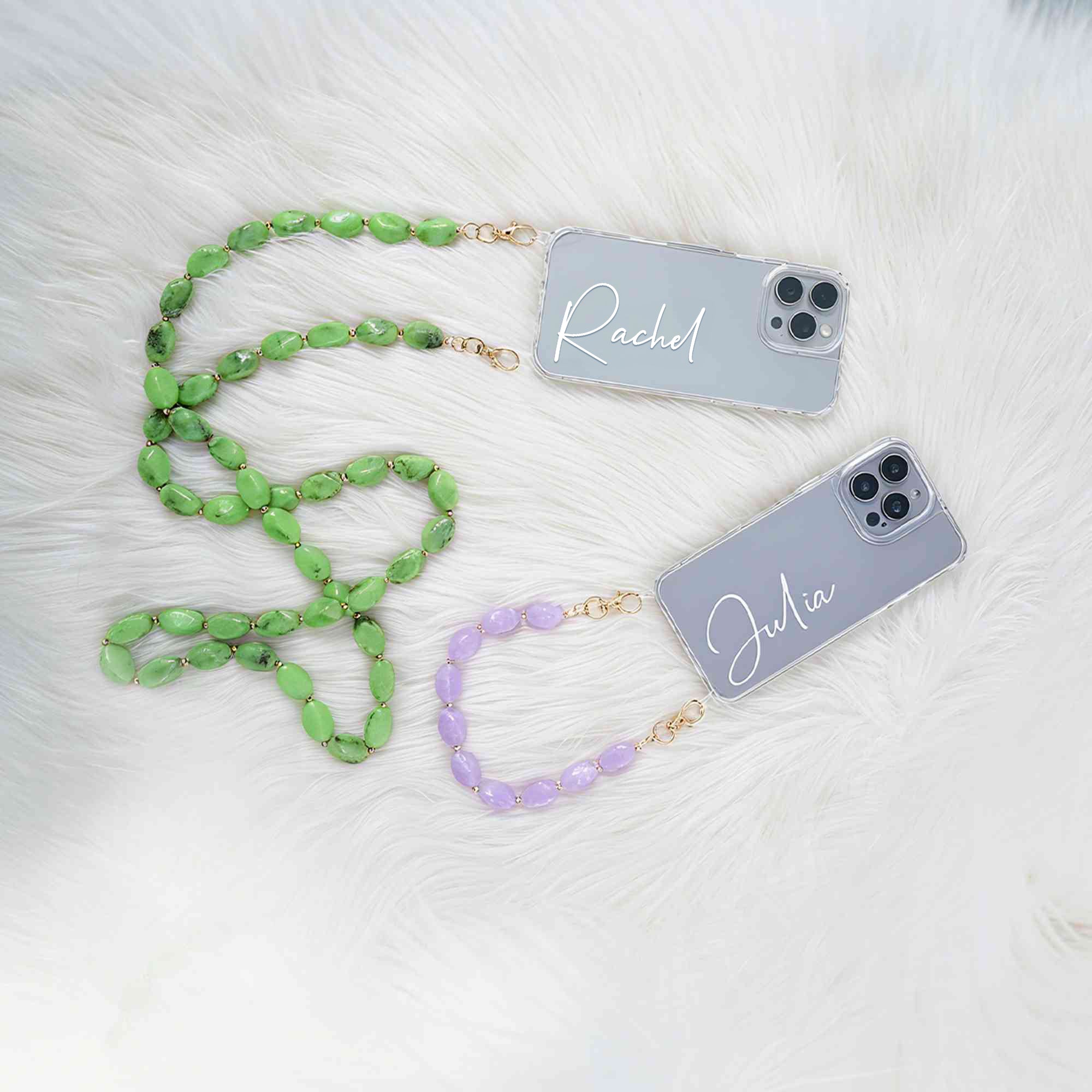 Funda transparente personalizada con nombre para iPhone con cadena de cuentas multicolor Regalo de Navidad Cumpleaños Aniversario para ella