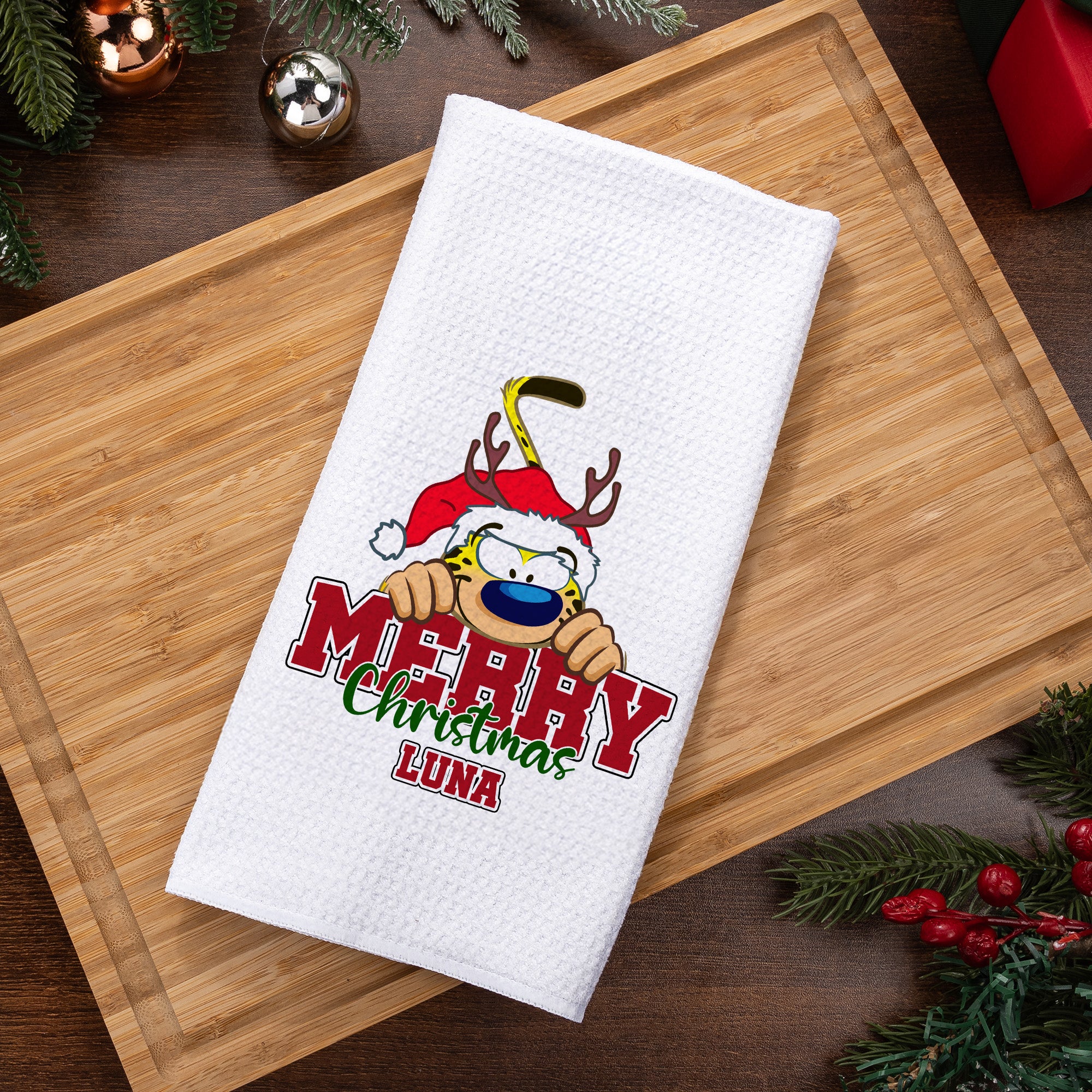 Marsupilami Personalizado Feliz Navidad Waffle Toalla de Té con Nombre Uso en Cocina Regalo de Navidad para Familia Amigo | Callie × Marsupilami