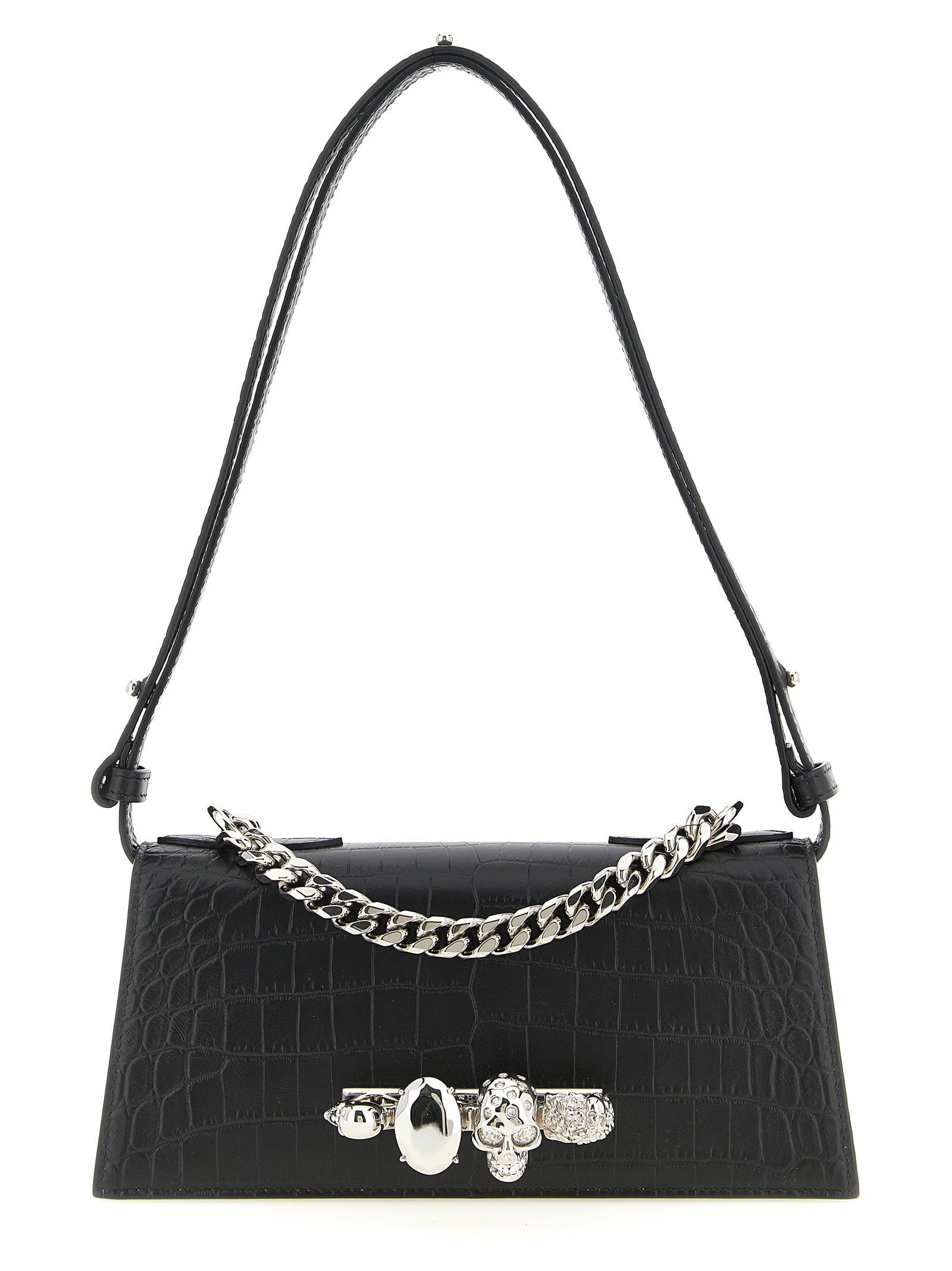 Alexander McQueen Crocodile-Embossed Jewelled Shoulder Bag — Black