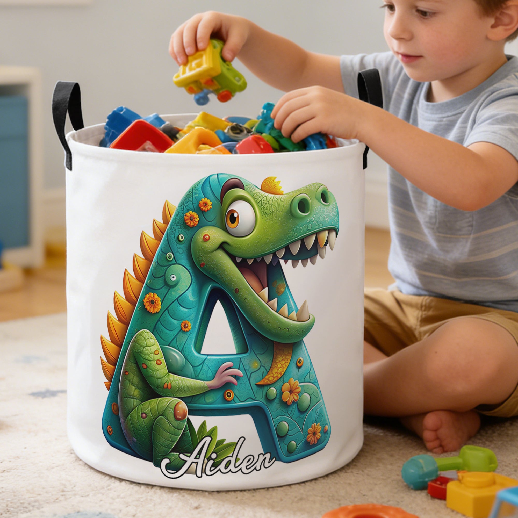 Dinosaurio personalizado Sirena Estilo de dibujos animados Inicial Oxford Cesta de almacenamiento de lavandería con nombre Decoración de la habitación Uso diario Regalo de cumpleaños para niños Niñas