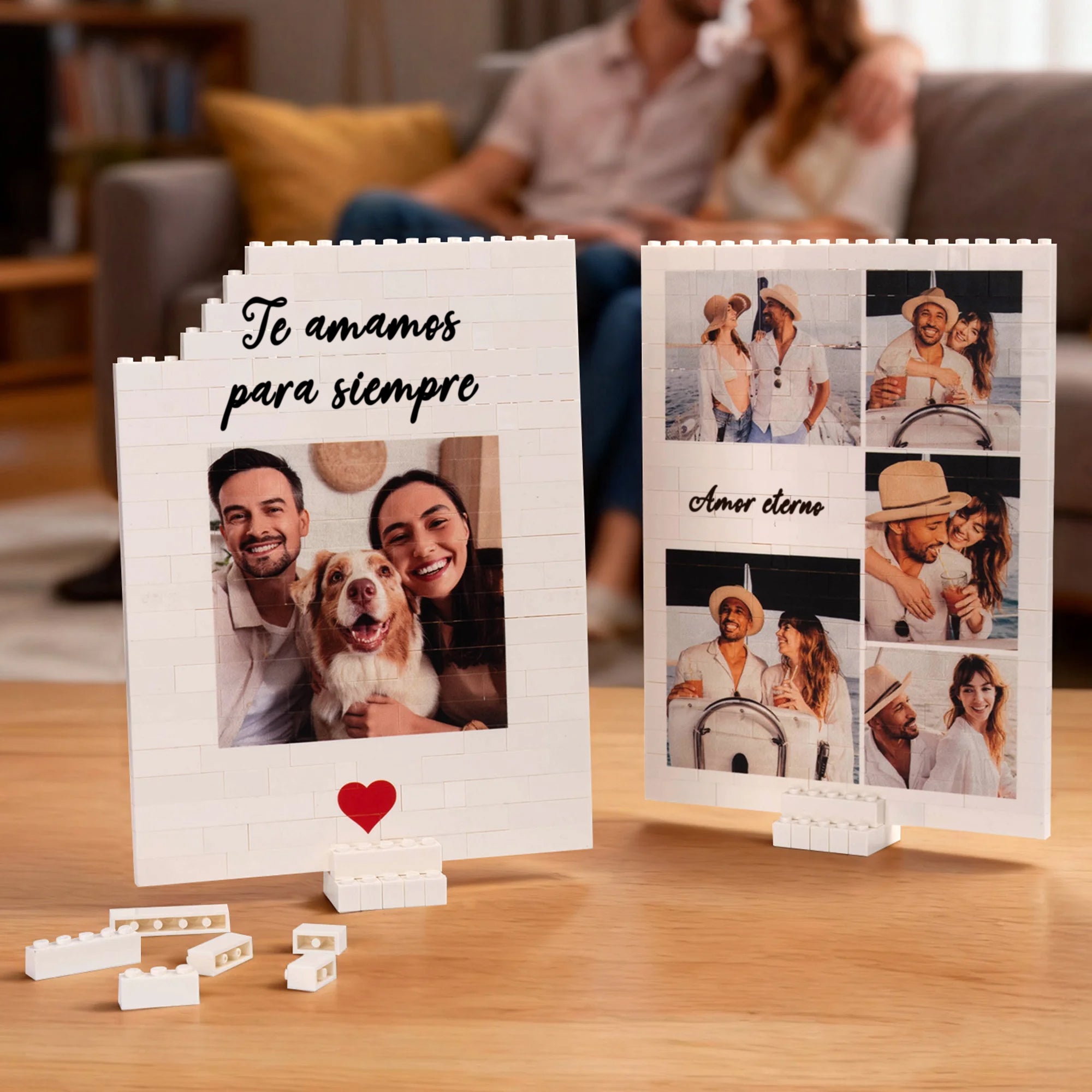 Rompecabezas personalizado de bloques tipo construcción con texto y de 1 a 5 fotos regalo de cumpleaños o aniversario para parejas y familia