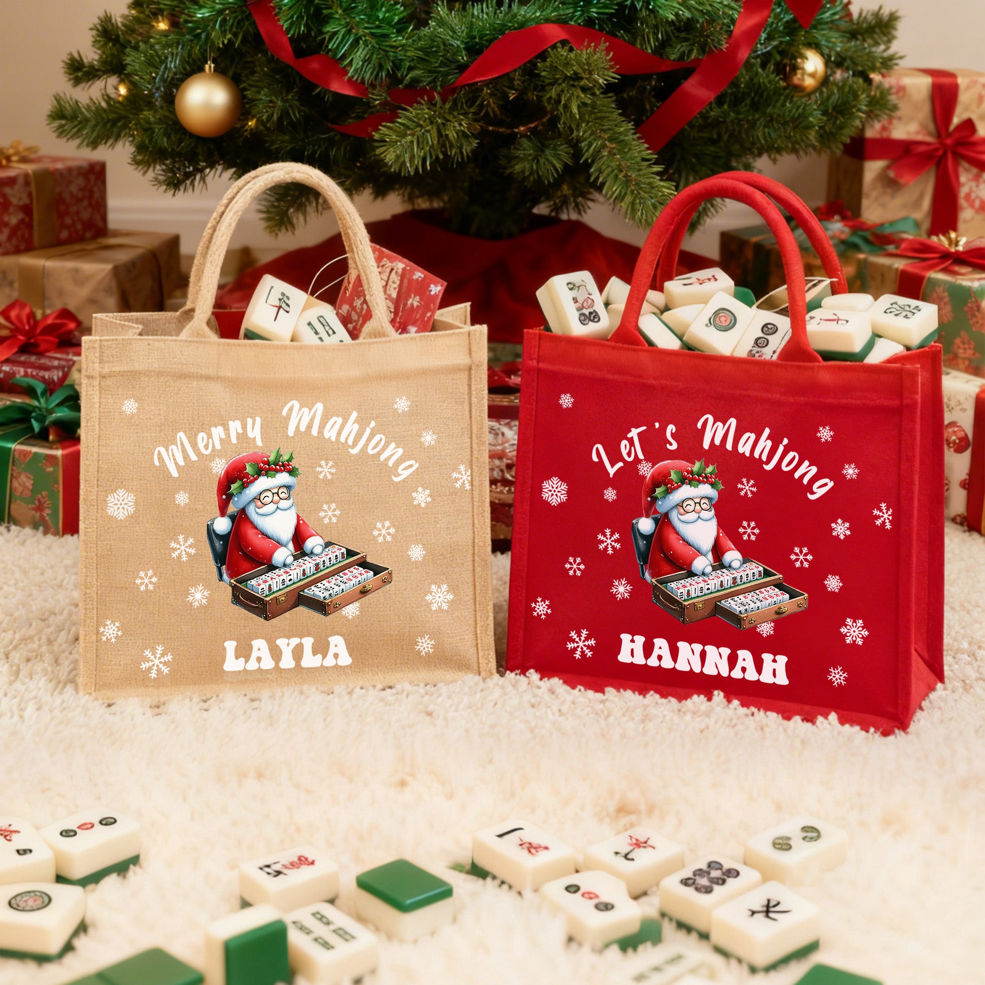 Feliz Mahjong Papá Noel personalizado Bolsa de yute grande con nombre Uso diario Fiesta de Navidad Regalo para la familia Amigos Entusiastas del Mahjong