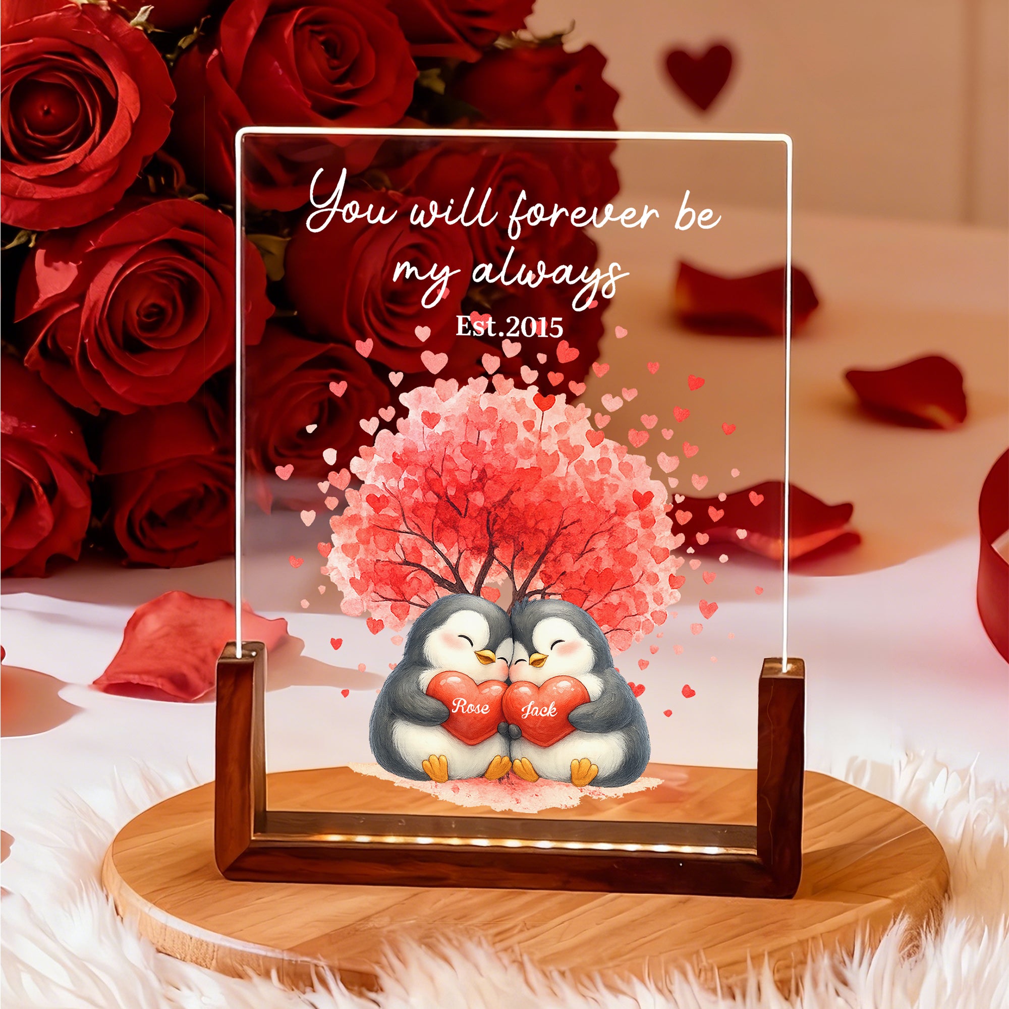 Árbol del amor personalizado Lindo pingüino Luz nocturna LED acrílica con nombre Fecha y base de madera Decoración del hogar Regalo de aniversario de San Valentín para parejas