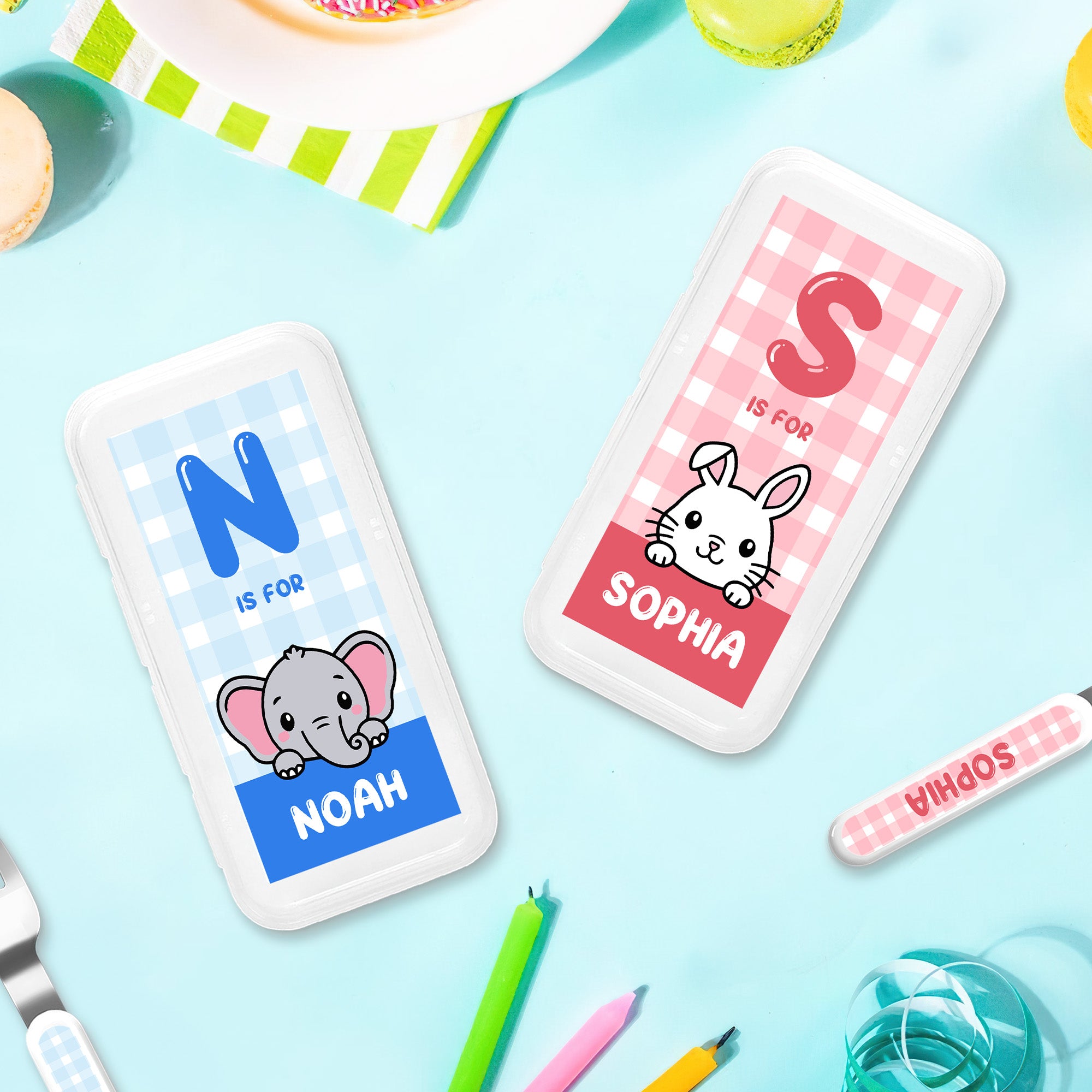 Juego de cubiertos de 3 piezas con estuche y nombre Personalizado Tenedor Cuchara Cuchillo Portátil con iniciales de animales de dibujos animados Regalo de cumpleaños para niños de uso diario Vuelta a