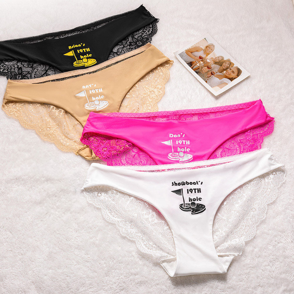 Funny Golf Ball 19th Hole Design Panty de encaje para mujer con texto Wedding Bachelorette Party Birthday Gift for Women Golf Lovers