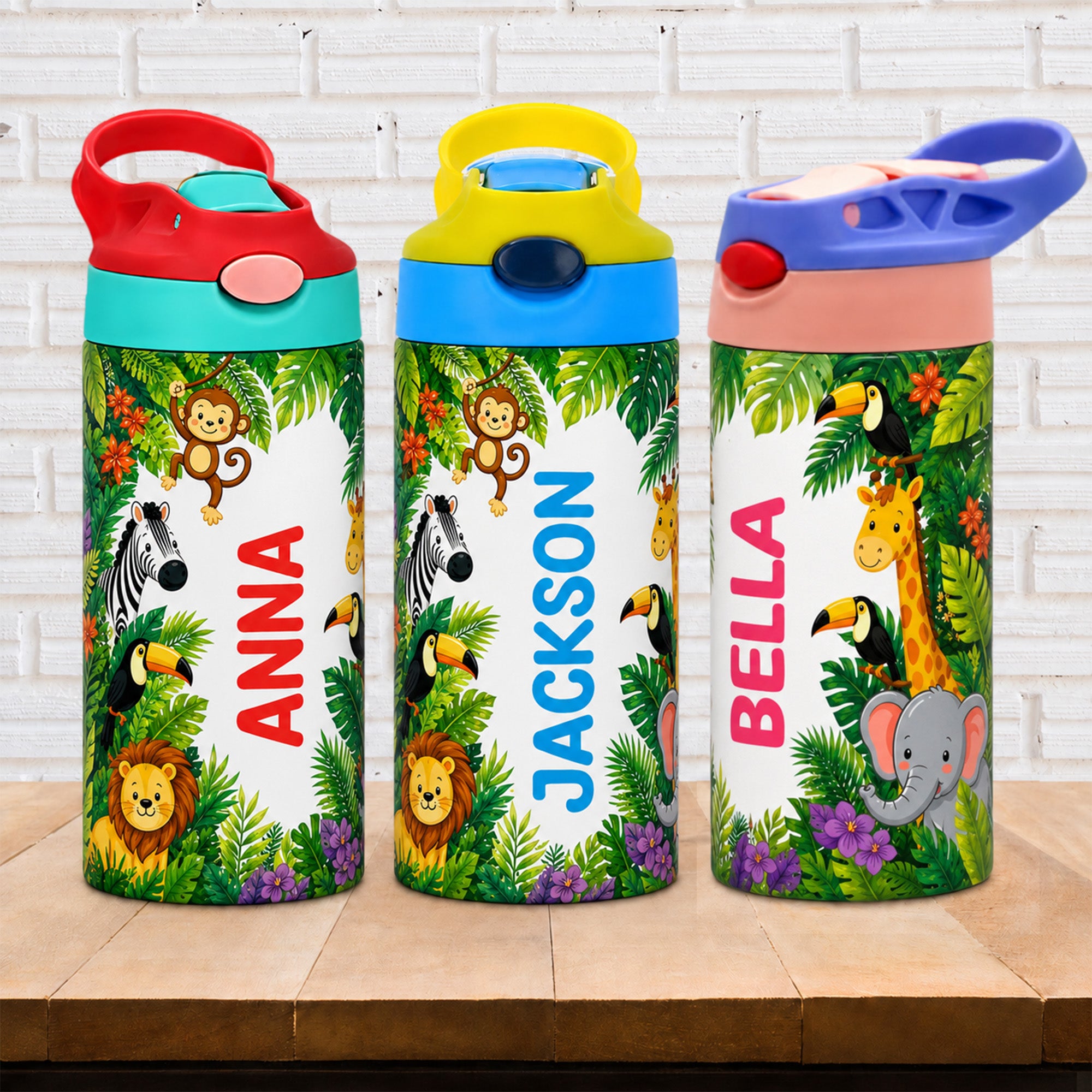Botella de agua personalizada con nombre, pajita y asa de simpático animal de la selva Regalo de cumpleaños para niños en la vuelta al cole