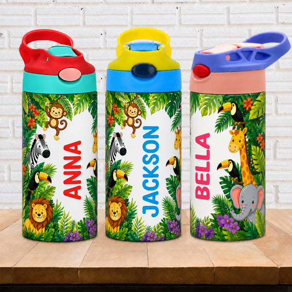Botella de agua personalizada con nombre, pajita y asa de simpático animal de la selva Regalo de cumpleaños para niños en la vuelta al cole