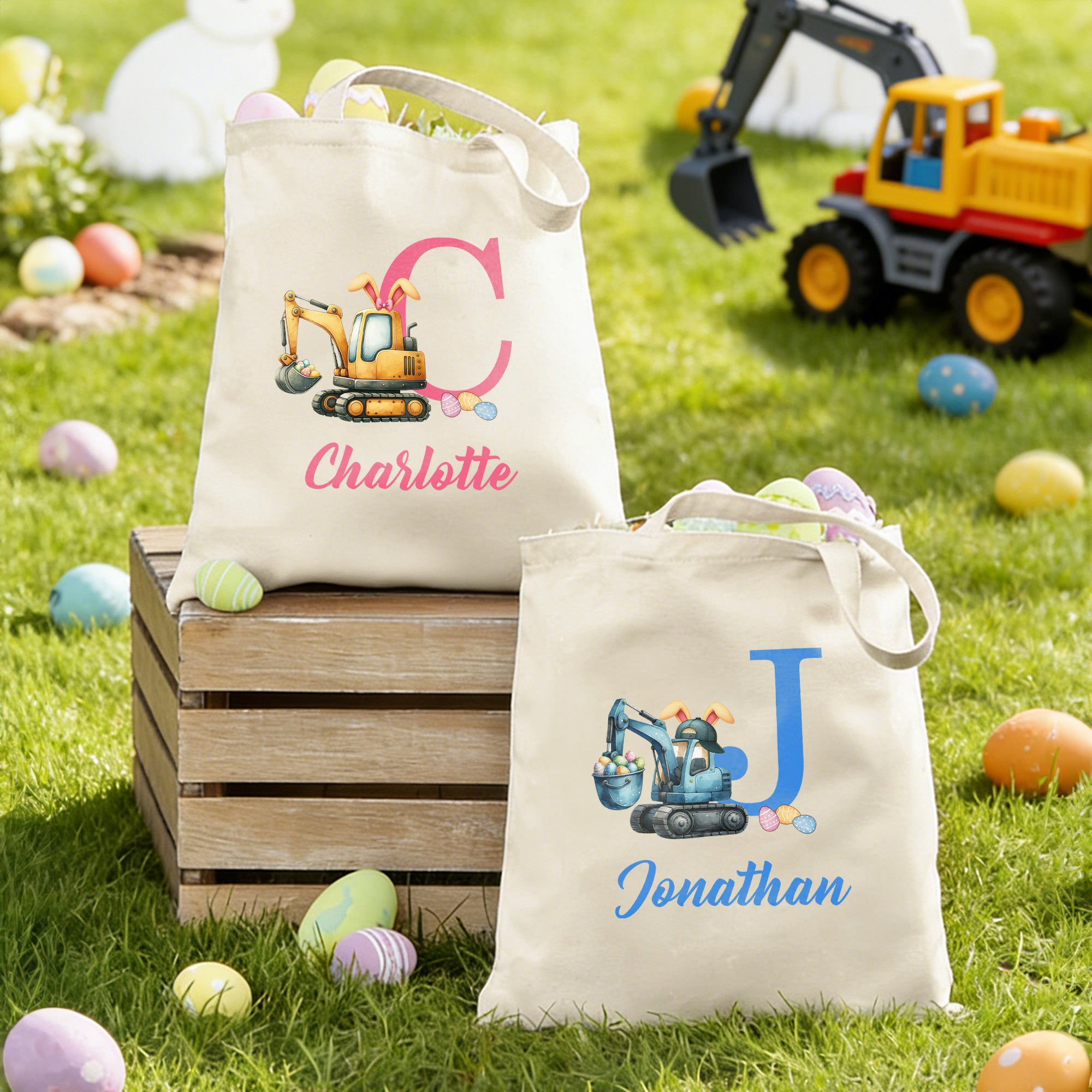 Huevo de Pascua con Orejas de Conejito Excavador Personalizado Bolsa de Lona con Nombre Uso Diario Huevo de Pascua Hunt Regalo para Niños Niñas