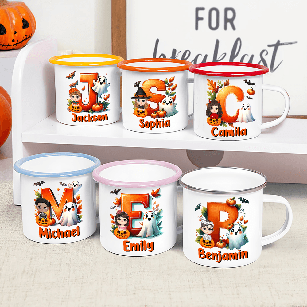 Taza esmaltada personalizada con nombre e inicial del personaje de bruja de dibujos animados Calabaza 12 oz Regalo de fiesta de Halloween para niños