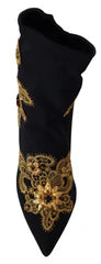 Women's Black Gold Embroidery Crystal Boots Shoes