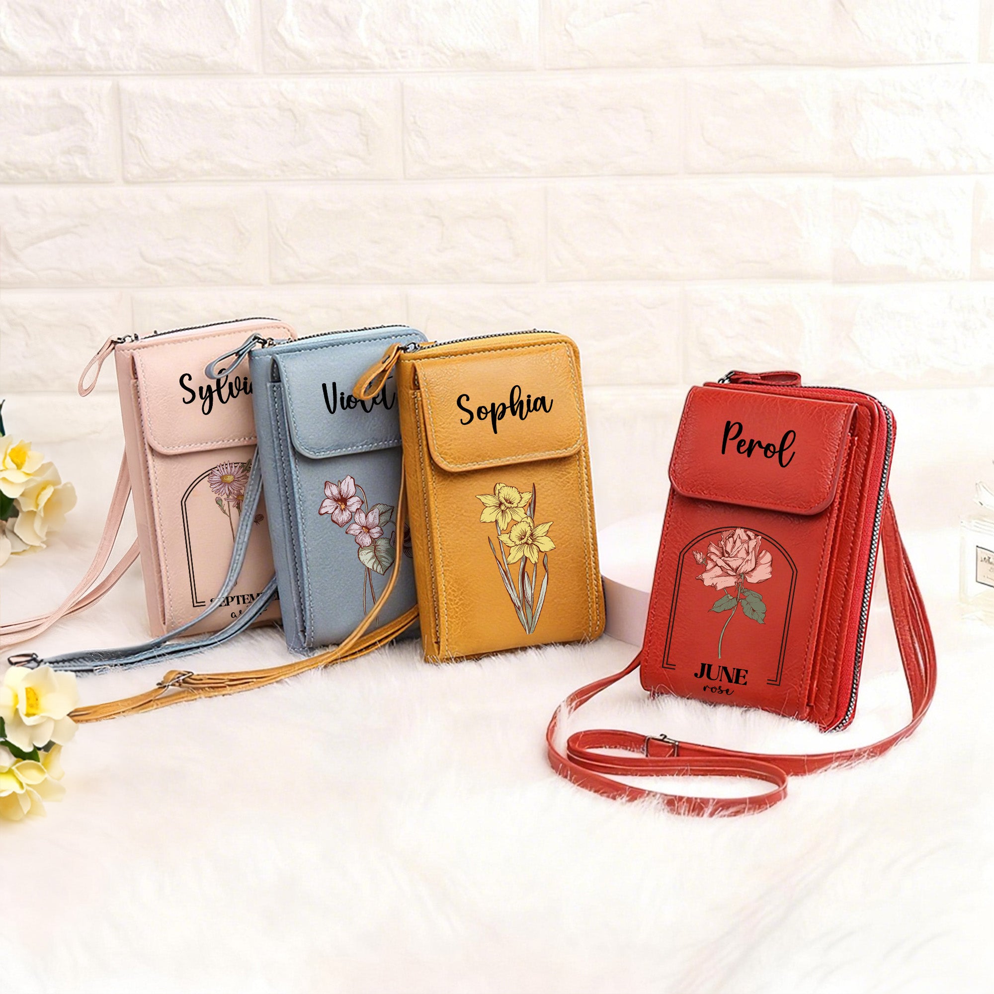 Personalizado Nacimiento Flor PU Cuero Crossbody Cartera con nombre y ranuras para tarjetas Accesorios de viaje Cumpleaños Regalo de Navidad para las mujeres