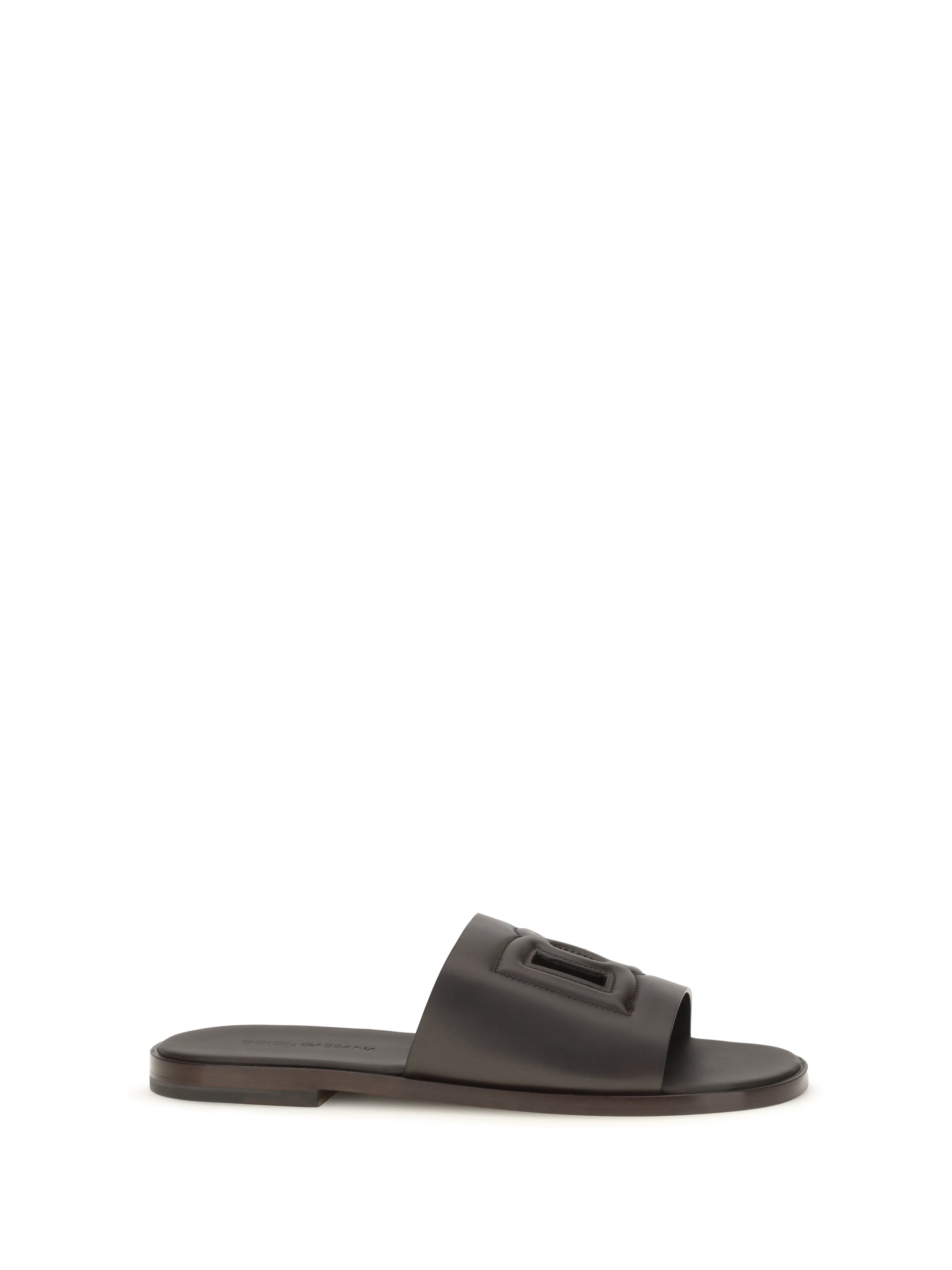 Dolce & Gabbana Embossed Logo Leather Slide Sandal — Brown