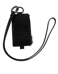 Men's Black Leather Logo Embossed Lanyard Card Holder Wallet Horse