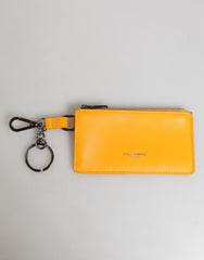 Men's Yellow Orange Leather Credit Card Key Holder Clip On Wallet Calf