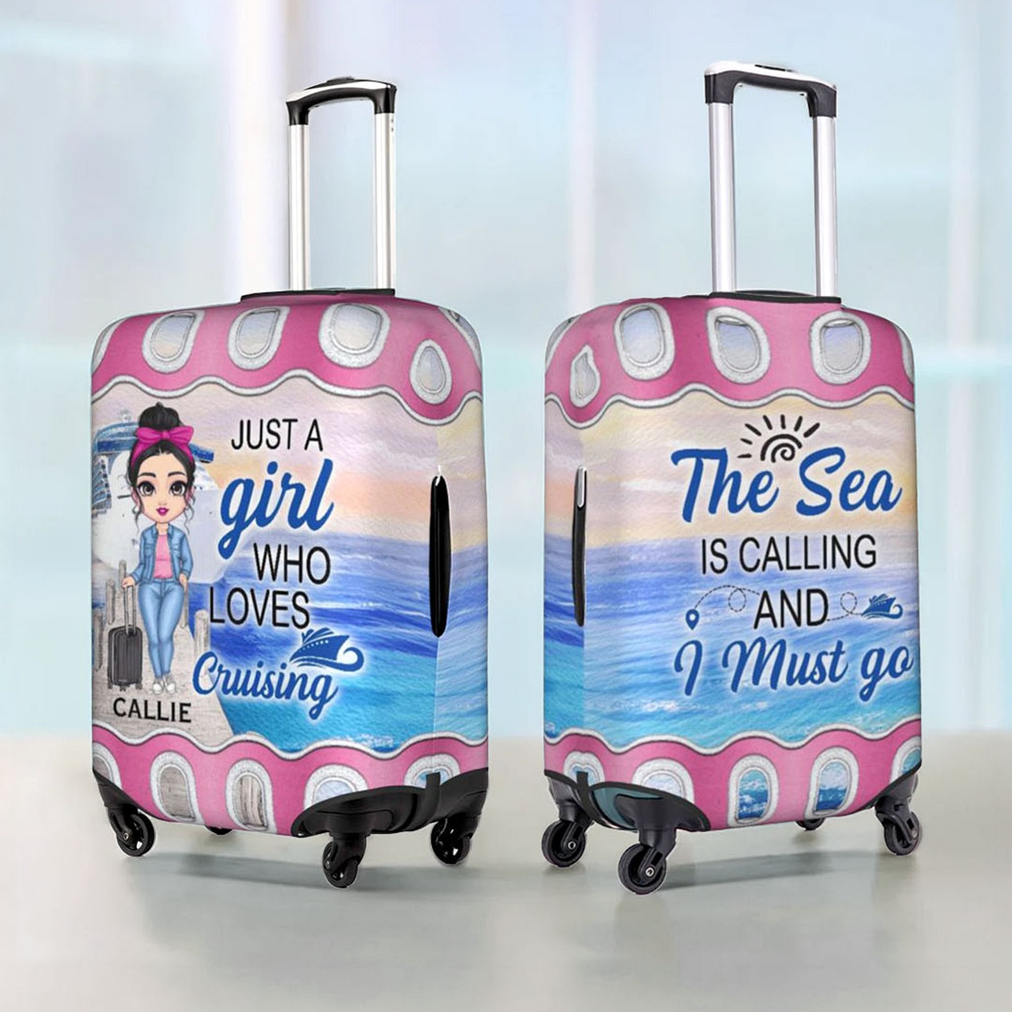 Funda protectora de equipaje personalizada Sunset Cruise Cartoon Character para maletas de 18-32 pulgadas con nombre Regalo de cumpleaños para amantes de los viajes en familia