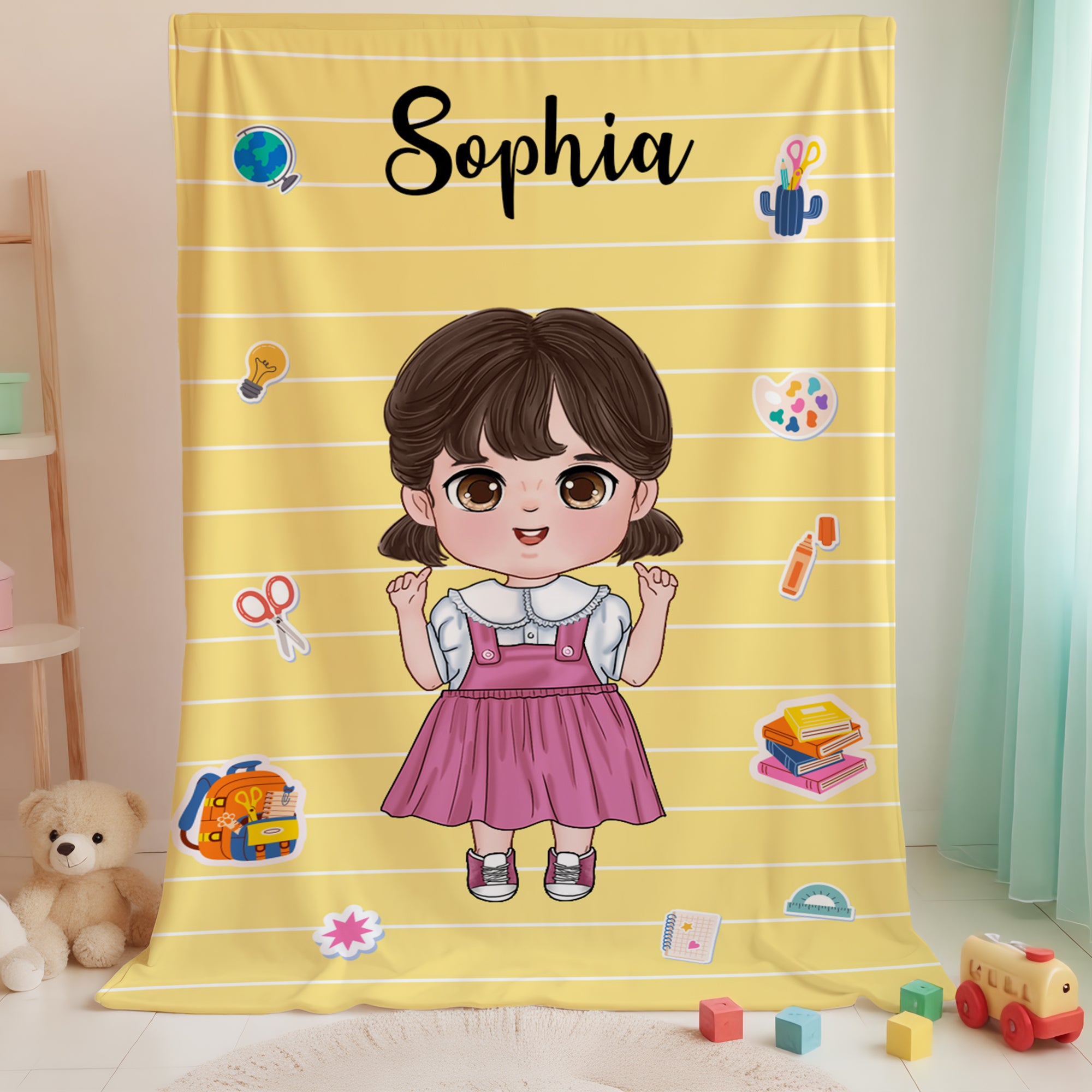 Personaje de dibujos animados personalizado Papelería Suave manta con nombre Decoración para el hogar Regreso a la escuela Temporada Cumpleaños Regalo para niños Niñas