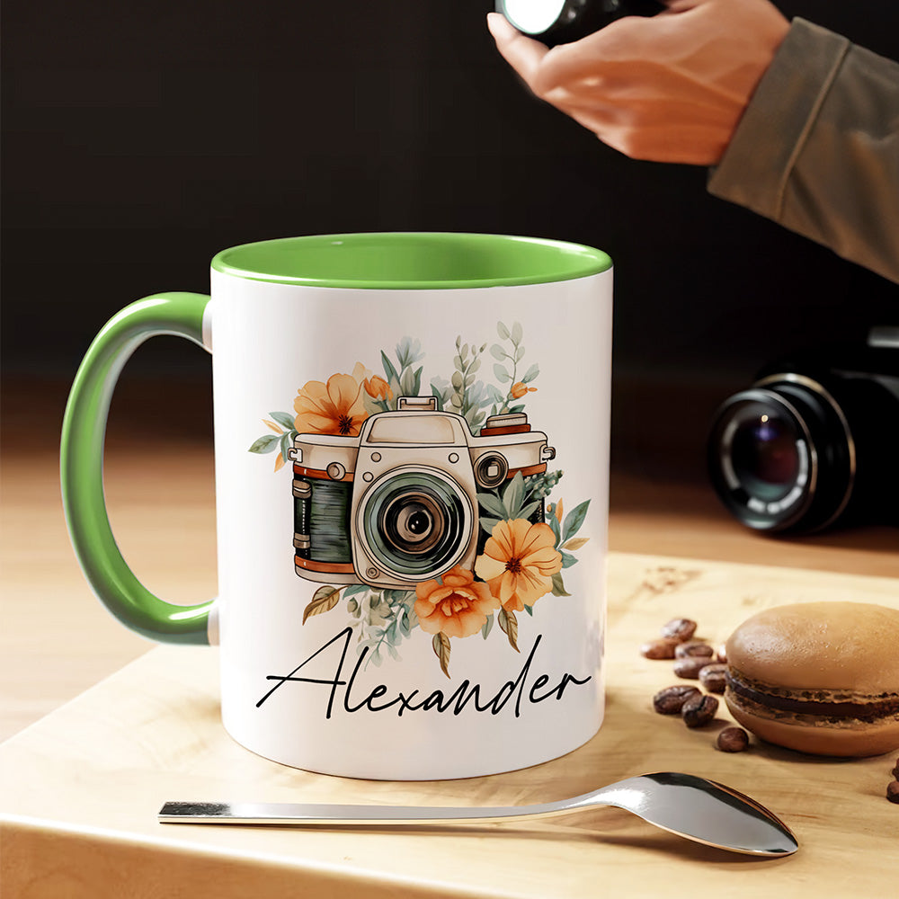 Taza de Cerámica Personalizada Retro Acuarela Flor Cámara 11 oz 15 oz con Nombre Regalo de Cumpleaños para Amante de la Fotografía