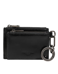 Men's Black Leather Zipped Card Holder Coin Purse Keyring Wallet Horse