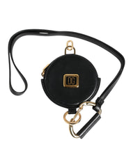 Men's Black Round Leather Dg Logo Coin Purse Lanyard Wallet Calf