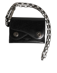 Men's Black Cavallo Leather Wallet Chain Snap Bifold Card Holder