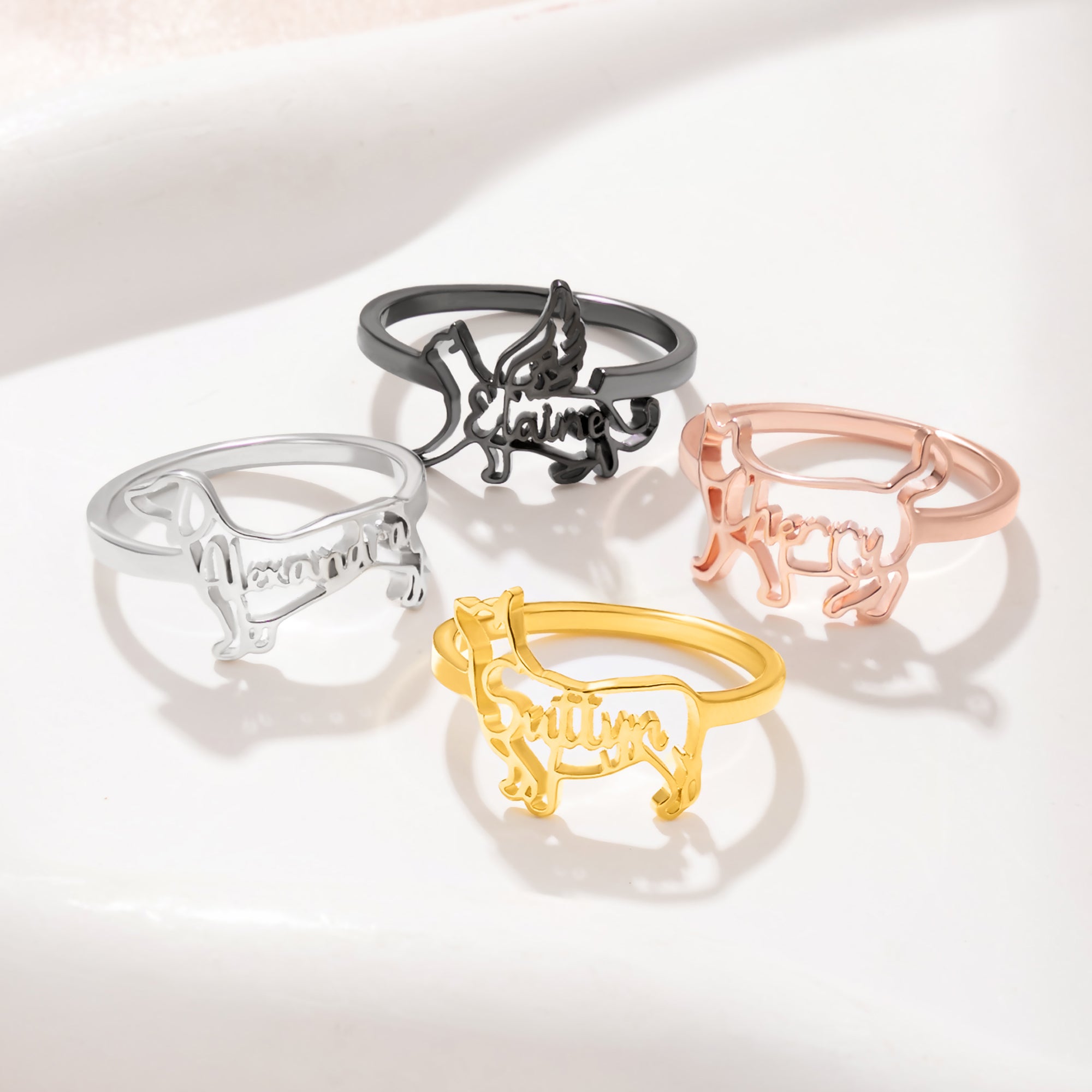 Personalizado lindo perro gato silueta anillo con nombre minimalista joyería cumpleaños aniversario regalo para amantes de las mascotas