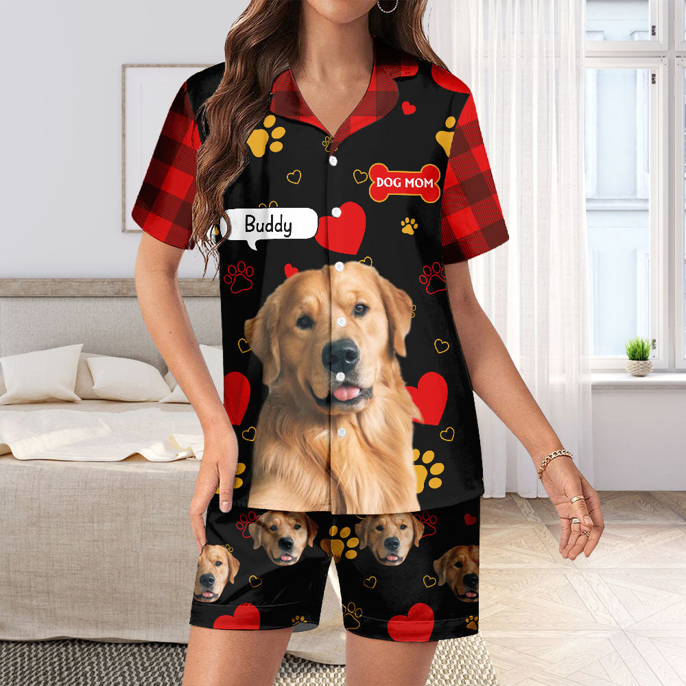 Personalizado lindo pata de impresión hueso mascota foto suave manga corta pijama conjunto con el título y el nombre aniversario cumpleaños regalo para los dueños de mascotas amantes