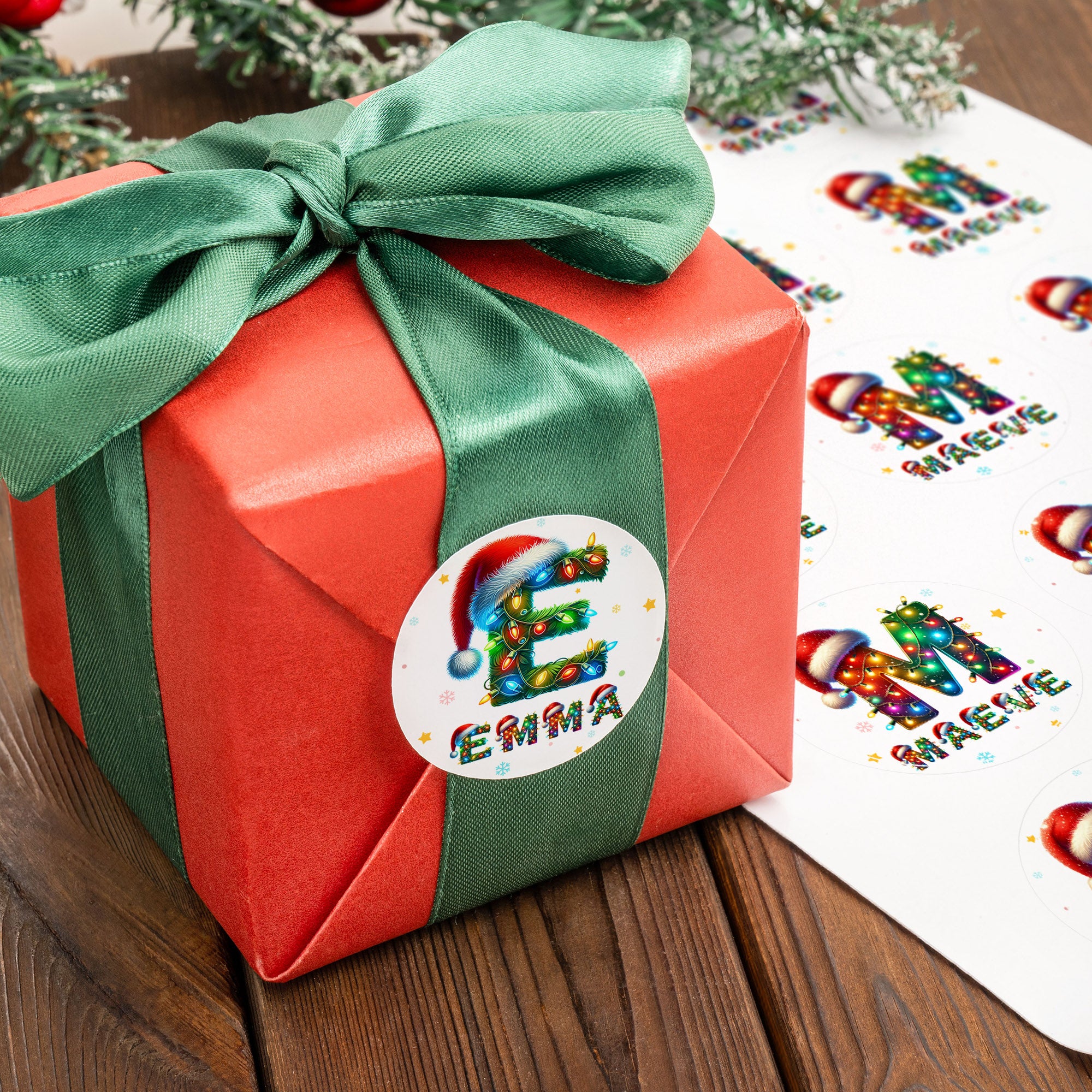 Gorro de Papá Noel personalizado Luces de colores Pegatina impermeable con inicial Nombre Regalo Decoración Fiesta de Navidad Regalo para la familia Niños